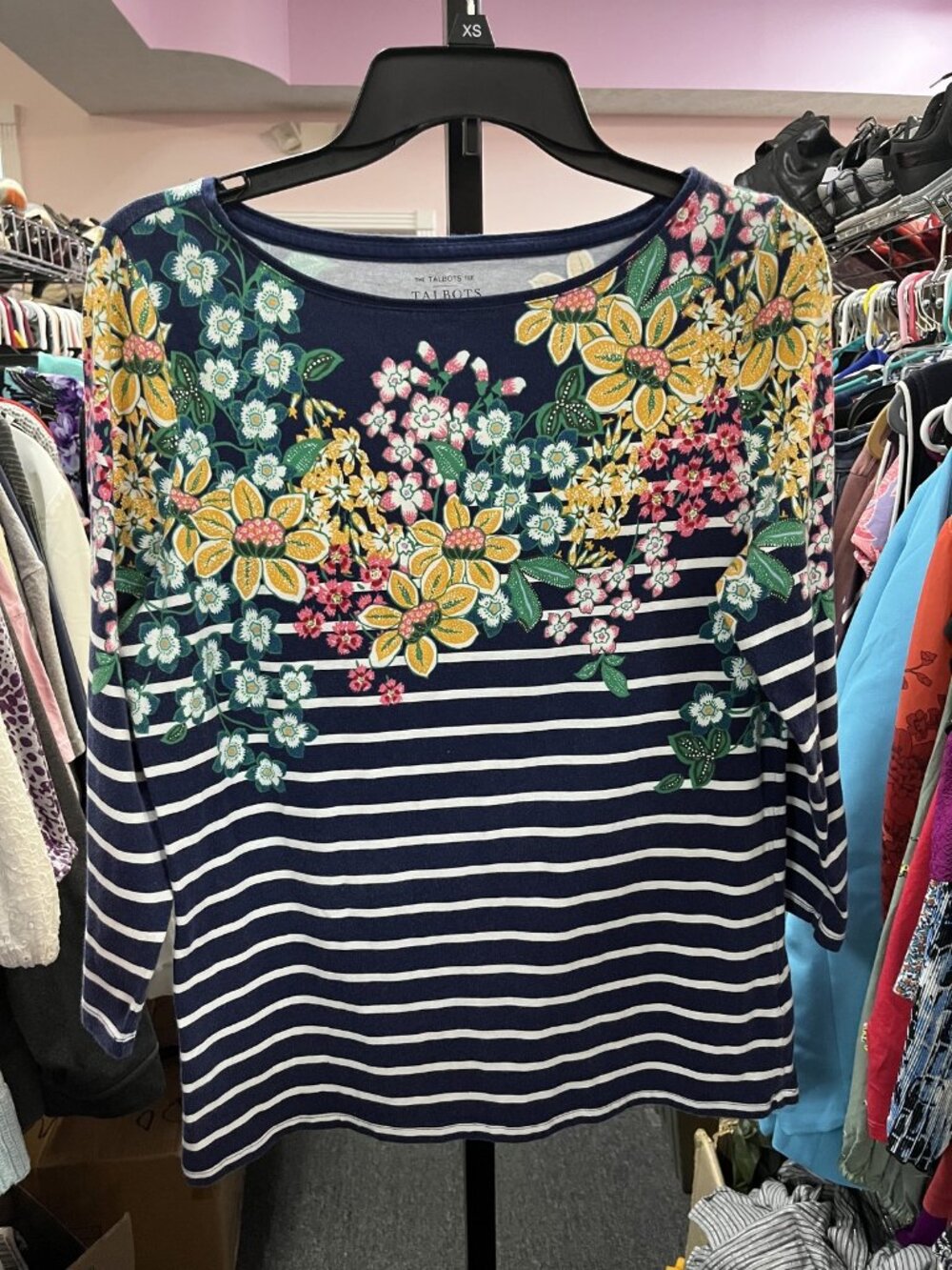 Talbots Size Large (L) Talbots Women's Long Sleeve Floral Embroidered Striped T-